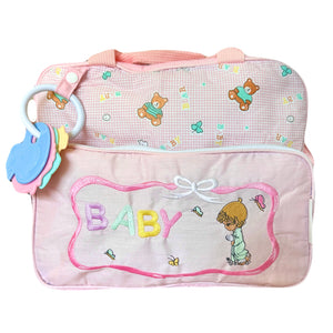 Vintage Rare New Precious Moments Style Pink Girl Medium Diaper Bag with Teething Toy Ring Elegant Kids 2000 Baby Shower Gift