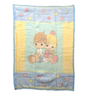 Vintage New Precious Moments Baby Girl & Boy Hearts Crib Blanket Luxury Plush Throw 31" x 47" 2001 Crown Crafts Unisex Pastel Green Blue & Yellow