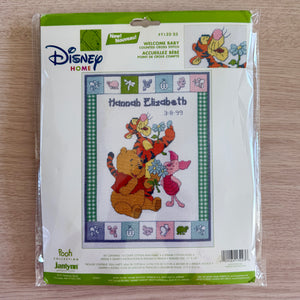 Vintage Disney Winnie The Pooh Bear 'Welcome Baby' Counted Cross Stitch Kit or PDF Chart Pattern Keepsake Baby Birth Announcement Record Sampler 11" x 14" Friends Tigger Piglet with Flowers 1132-23 2002