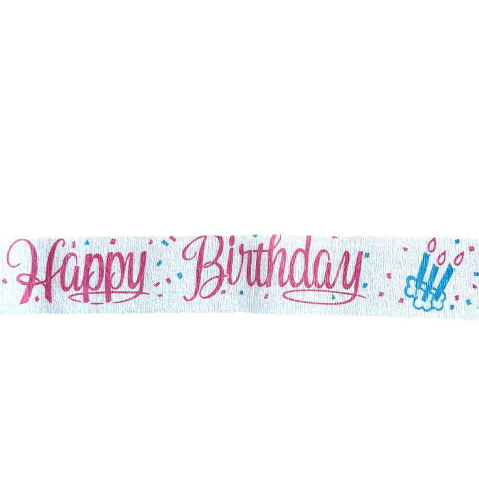 Happy Birthday Rare Vintage Party Crepe Streamer 30 FT (10 Yards) Pink Printed Script with Blue Birthday Candles