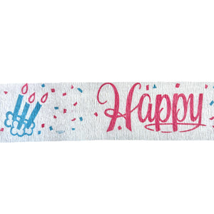 Happy Birthday Rare Vintage Party Crepe Streamer 30 FT (10 Yards) Pink Printed Script with Blue Birthday Candles