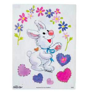 Autocollant vintage rare Little Suzy's Zoo Lulla lapin musical blanc avec coeurs et fleurs, feuille simple 4,5" x 6"