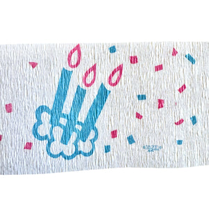 Happy Birthday Rare Vintage Party Crepe Streamer 30 FT (10 Yards) Pink Printed Script with Blue Birthday Candles