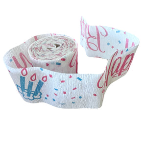 Happy Birthday Rare Vintage Party Crepe Streamer 30 FT (10 Yards) Pink Printed Script with Blue Birthday Candles