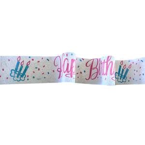 Happy Birthday Rare Vintage Party Crepe Streamer 30 FT (10 Yards) Pink Printed Script with Blue Birthday Candles