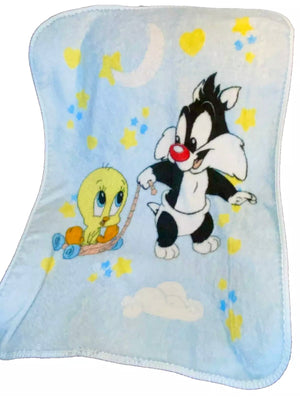 RARE Vintage NEW Baby Looney Tunes Sylvester Cat & Tweety Bird Baby Fleece Minky Plush Crib Blanket 30" x 41" Blue 1999 Moon & Stars