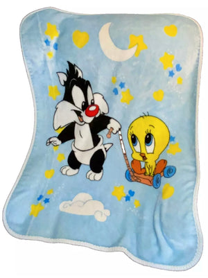 RARE Vintage NEW Baby Looney Tunes Sylvester Cat & Tweety Bird Baby Fleece Minky Plush Crib Blanket 30" x 41" Blue 1999 Moon & Stars