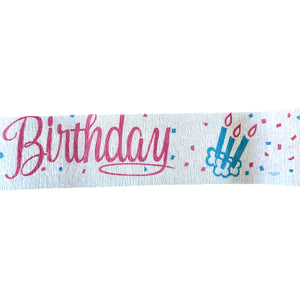 Happy Birthday Rare Vintage Party Crepe Streamer 30 FT (10 Yards) Pink Printed Script with Blue Birthday Candles