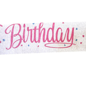 Happy Birthday Rare Vintage Party Crepe Streamer 30 FT (10 Yards) Pink Printed Script with Blue Birthday Candles