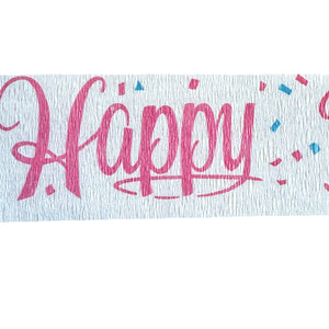 Happy Birthday Rare Vintage Party Crepe Streamer 30 FT (10 Yards) Pink Printed Script with Blue Birthday Candles