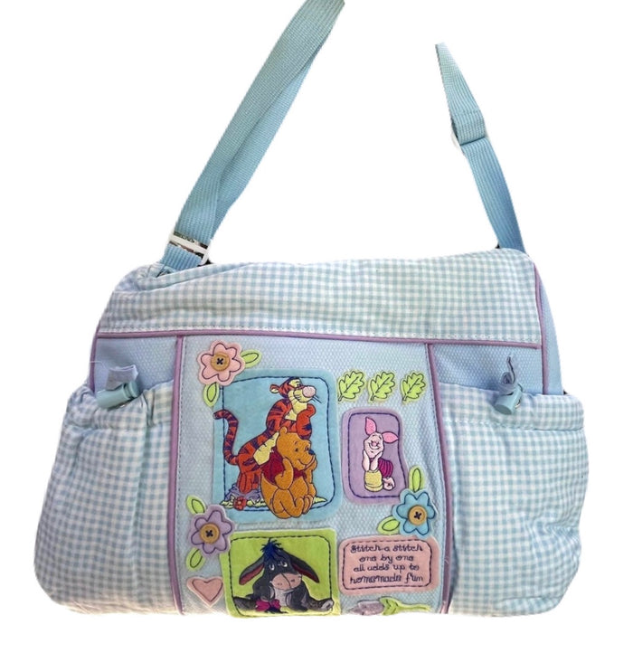 New with Flaw Vintage Rare Winnie The Pooh Blue Gingham Checkered Large Baby Diaper Bag with Adjustable Pockets