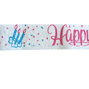 Happy Birthday Rare Vintage Party Crepe Streamer 30 FT (10 Yards) Pink Printed Script with Blue Birthday Candles