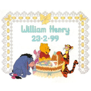 Patrón de punto de cruz PDF con instrucciones y muestrario de anuncio de nacimiento de bebé Rock-A-Bye de Winnie The Pooh de Disney, raro, H21 Debbie Minton Designer Stitches 1999