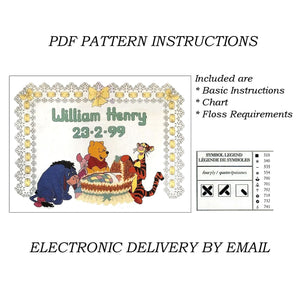 Rare Disney Winnie The Pooh Rock-A-Bye Baby Birth Announcement Sampler Counted Cross Stitch PDF Pattern Chart Instructions Debbie Minton Designer Stitches 1999