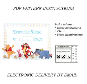 Kit de point de croix compté vintage rare Disney Winnie l'ourson Friends &amp; Chicks Parade ou instructions de modèle PDF Souvenir Annonce de naissance de bébé Échantillonneur Points de créateur H80