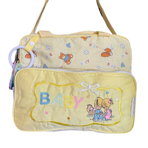 Bolso de pañales vintage, nuevo, raro, estilo Precious Moments, mediano, amarillo, unisex, para bebé, niño y niña, con estampado de oso y anillo de dentición, elegante, para niños, 2000