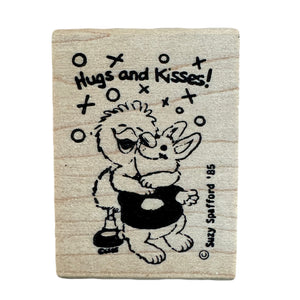 New Vintage Suzy's Zoo Suzy Ducken Hugging Bunny Hugs and Kisses Wooden Rubber Stamp by Rubber Stampede 1985