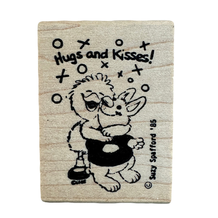 New Vintage Suzy's Zoo Suzy Ducken Hugging Bunny Hugs and Kisses Wooden Rubber Stamp by Rubber Stampede 1985