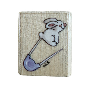 New Vintage Suzy's Zoo Wooden Rubber Stamp Baby Diaper Pin with White Bunny by Rubber Stampede A2266A