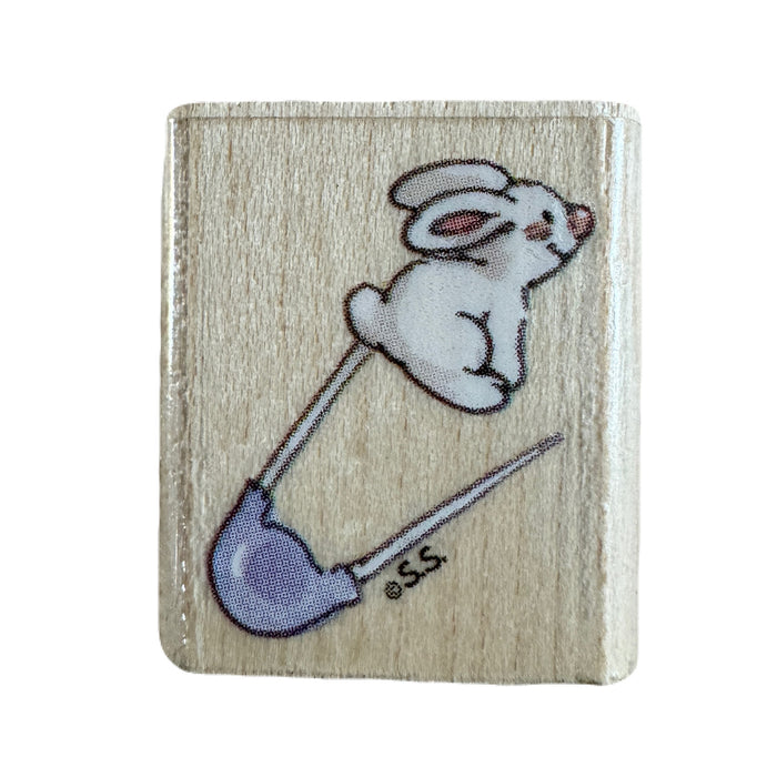 New Vintage Suzy's Zoo Wooden Rubber Stamp Baby Diaper Pin with White Bunny by Rubber Stampede A2266A