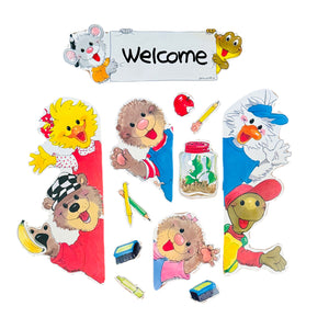 Vintage Suzy's Zoo Giant Welcome Go Arounds School Teacher Classroom Bulletin Board Characters 23" x 9" Ensemble d'art scolaire 14 pièces Peinture murale Porte Fenêtre Collection