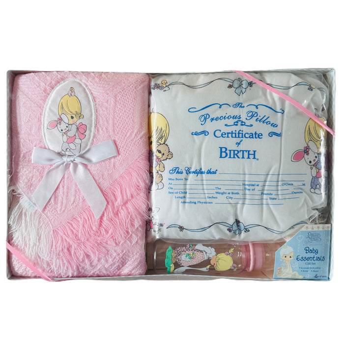 Vintage New Precious Moments Pink 3-Piece Boxed Gift Set - Shawl Baby Blanket, Birth Keepsake Pillow, Baby Bottle by Luv n'Care 2002