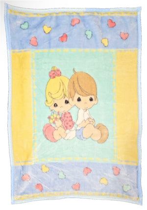 Vintage Precious Moments Baby Girl & Boy Hearts Crib Blanket Luxury Plush Throw 30" x 45" 2001 Crown Crafts Unisex Pastel Green Blue & Yellow
