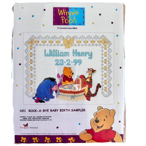 Patrón de punto de cruz PDF con instrucciones y muestrario de anuncio de nacimiento de bebé Rock-A-Bye de Winnie The Pooh de Disney, raro, H21 Debbie Minton Designer Stitches 1999