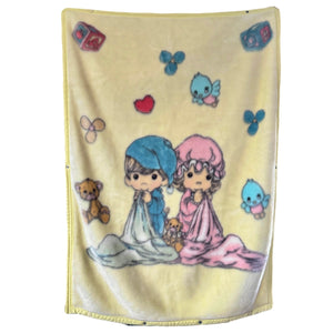 Vintage Rare 2000s Precious Moments Bedtime Pajamas Yellow Girl with Boy Baby Blanket - Plush Crib Throw - Bunting Suit 31" x 44" Sweet Dreams Minky