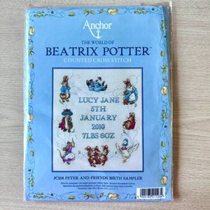 Vintage Rare Beatrix Potter Peter Rabbit & Friends Counted Cross Stitch Baby Birth Announcement Kit Keepsake Record Sampler or PDF Pattern Chart Instructions JC218 by Anchor 2010