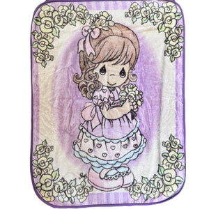 Vintage Rare Precious Moments Toddler or Crib Blanket Little Girl with Flowers Plush Minky Throw 40" x 52" Purple Lavender