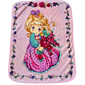 Vintage 1990s Rare Precious Moments Crib Toddler Pink Deluxe Plush Minky Blanket Little Girl with Roses Flowers Heart & Bird Thick Throw 42" x 60"