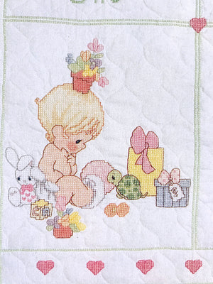 Vintage 1993 Precious Moments Stamped Cross Stitch Baby Quilt Kit Or PDF Pattern Chart Instructions 'Precious Little One' Keepsake Crib Blanket Throw 34" x 43"