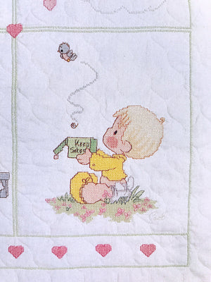 Vintage 1993 Precious Moments Stamped Cross Stitch Baby Quilt Kit Or PDF Pattern Chart Instructions 'Precious Little One' Keepsake Crib Blanket Throw 34" x 43"