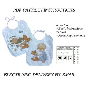 Vintage Precious Moments 2pc Baby Bib Set Counted Cross Stitch Kit or PDF Pattern Chart Keepsake 'Baby's Arrival' Boy Bear Baby & Puppies