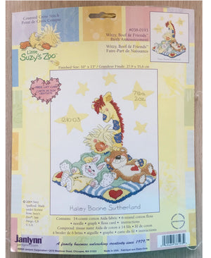 Kit d'annonce de naissance au point de croix compté Little Suzy's Zoo vintage 2004, animaux endormis sur une couverture, échantillon souvenir, canard et ours, girafe, lapin, Janlynn 038-0193