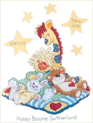 Kit d'annonce de naissance au point de croix compté Little Suzy's Zoo vintage 2004, animaux endormis sur une couverture, échantillon souvenir, canard et ours, girafe, lapin, Janlynn 038-0193