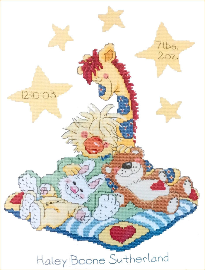 Kit d'annonce de naissance au point de croix compté Little Suzy's Zoo vintage 2004, animaux endormis sur une couverture, échantillon souvenir, canard et ours, girafe, lapin, Janlynn 038-0193