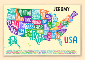 USA American Map with State Names Personalized Kids Placemat 18" x 12" with Alphabet - Custom USA