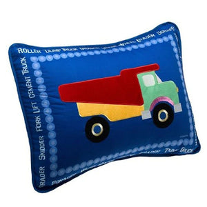 Elegant Red Plush Construction Dump Truck Blue Kids Pillow Sham Appliqued & Embroidered