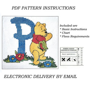 Lettres de l'alphabet Disney Winnie l'ourson, échantillon de point de croix compté, instructions PDF, 1998 points de créateur, A5 - A30, lettres bleues personnalisées