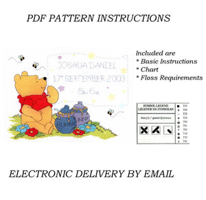 Kit de point de croix compté vintage rare Disney Winnie l'ourson Friends &amp; Chicks Parade ou instructions de modèle PDF Souvenir Annonce de naissance de bébé Échantillonneur Points de créateur H80