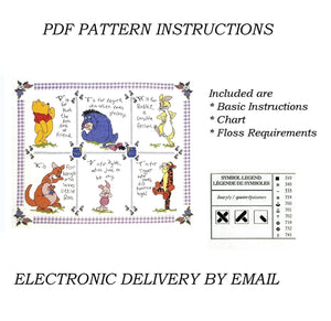 Vintage New Rare Disney Winnie The Pooh Bear Sampler Counted Cross Stitch PDF Chart Pattern Instruction Designer Stitches / Janlynn Seven Characters Piglet, Eeyore, Tigger, Rabbit, Kanga Roo