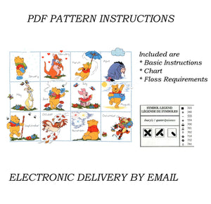 Kit de point de croix compté vintage rare Walt Disney Winnie l'ourson et ses amis Calendrier de l'année Saisons 12 mois ou instructions de modèle de tableau PDF Debbie Minton 1133-62