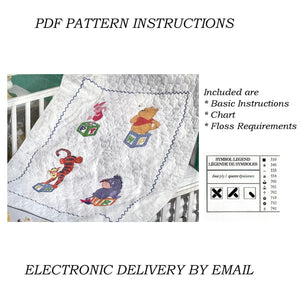 Vintage New Disney Winnie The Pooh Counted Cross Stitch Quilt Kit or PDF Pattern Instructions Block Party Keepsake Baby Nursery Crib Blanket 34" x 43" Pooh Piglet Tigger Eeyore Playing