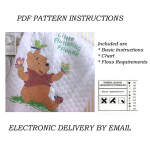 Vintage New Walt Disney Winnie The Pooh Bear & Butterflies Baby Quilt Stamped Cross Stitch Kit or PDF Pattern Chart Instructions Fluttering Friends Keepsake Gift Blanket 34" x 44"