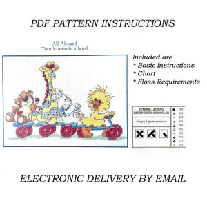 Rare Little Suzy's Zoo Baby Animals All Aboard Train Ride Witzy Duck, Lulla White Bunny, Boof Bear, Patches Giraffe Counted Cross Stitch PDF Chart Pattern Instructions 10" x 6"