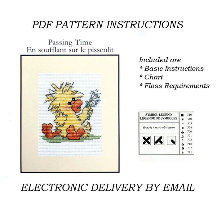 Gráfico de instrucciones en PDF para punto de cruz del pato bebé Witzy con diente de león del zoológico de Little Suzy, 3" x 4"