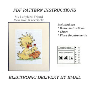 Instrucciones del patrón en PDF del gráfico de punto de cruz contado del pato amarillo bebé con mariquita del zoológico de Little Suzy, 3" x 4"