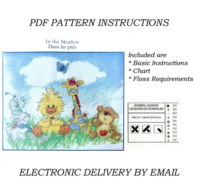 Gráfico de instrucciones en PDF de patrones de punto de cruz de animales bebés en el prado del zoológico de Little Suzy: Witzy Ducky, Lulla White Bunny, Boof Bear, Patches Giraffe, 8" x 10"